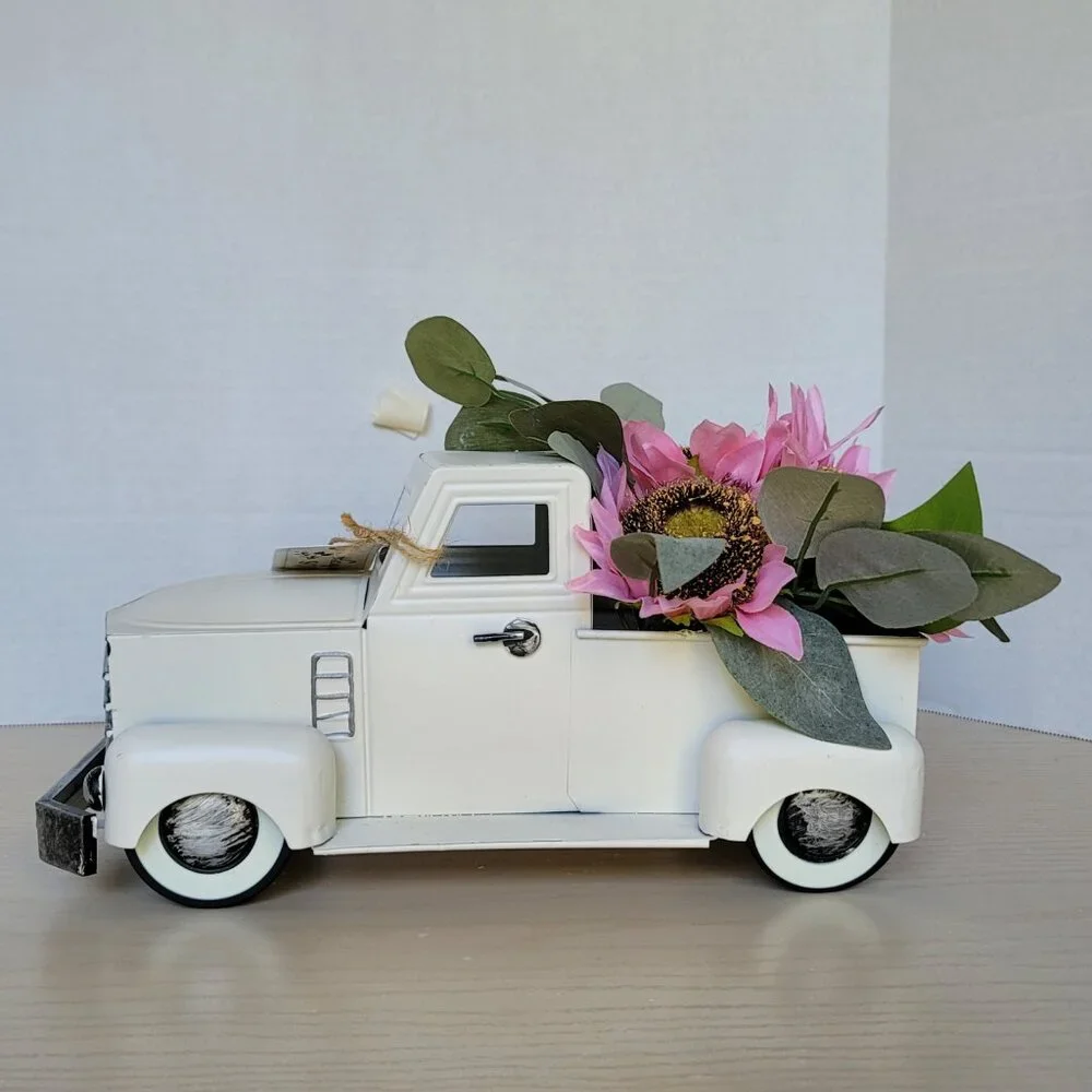 Decorative Retro Style Pick Up Truck Ivory Metal Pink Sunflowers Green Leaves